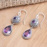 Amethyst dangle earrings, 'Raindrop Basket' - Sterling Silver and Amethyst Dangle Earrings in Two Parts