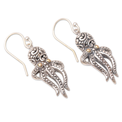 Gold-accented dangle earrings, 'Octopus Girl' - Gold-Accented Dangle Earrings with Octopus Motif