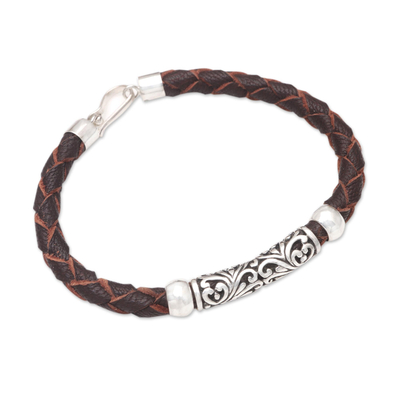 Leather and sterling silver pendant bracelet, 'Ancient Carving' - Handmade Leather and Sterling Silver Pendant Bracelet