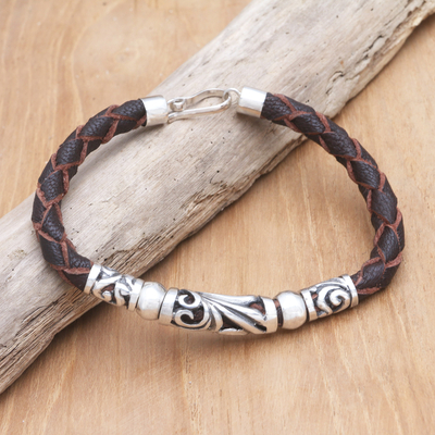 Leather and sterling silver pendant bracelet, 'Follow the Leader' - Handmade Unisex Leather and Sterling Silver Bracelet