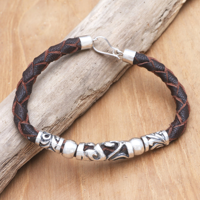 Leather and sterling silver pendant bracelet, 'Follow the Leader' - Handmade Unisex Leather and Sterling Silver Bracelet