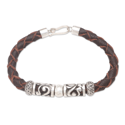 Leather and sterling silver pendant bracelet, 'Uluwatu Ocean' - Artisan Crafted Leather and Sterling Silver Bracelet