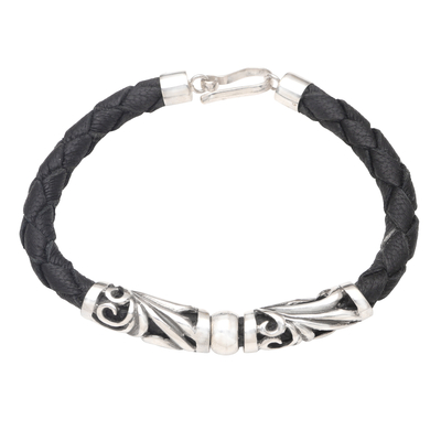 Leather and sterling silver pendant bracelet, 'Danu Beratan Garden in Black' - Unisex Black Leather and Sterling Silver Bracelet