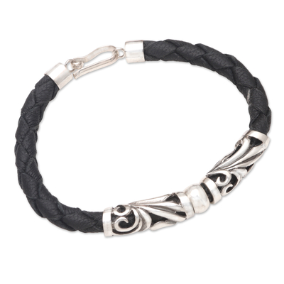 Leather and sterling silver pendant bracelet, 'Danu Beratan Garden in Black' - Unisex Black Leather and Sterling Silver Bracelet