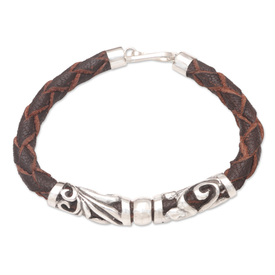 Leather and sterling silver pendant bracelet, 'Danu Beratan Garden in Brown' - Braided Leather and Sterling Silver Bracelet