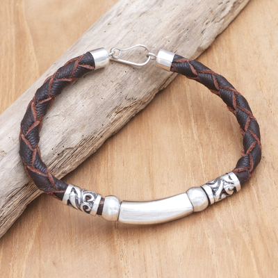 Leather and sterling silver pendant bracelet, 'Morning Braid' - Genuine Leather and Sterling Silver Bracelet