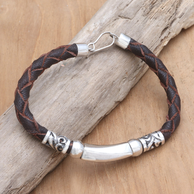 Leather and sterling silver pendant bracelet, 'Morning Braid' - Genuine Leather and Sterling Silver Bracelet