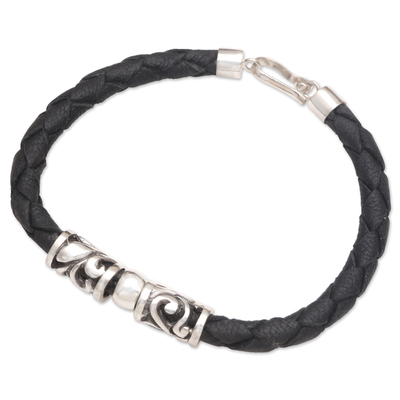 Leather and sterling silver pendant bracelet, 'Bedugul Flowers in Black' - Hand Made Unisex Leather and Sterling Silver Bracelet