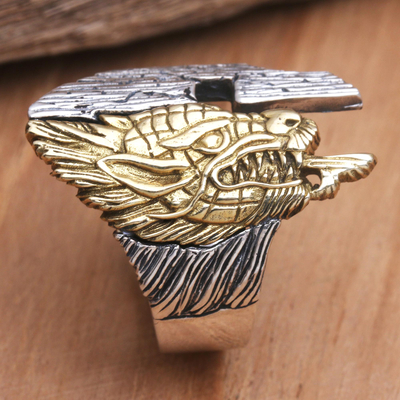 Men's sterling silver and brass ring, 'Glorious Brass Dragon' - Gleaming Dragon Sterling Silver and Brass Men's Ring