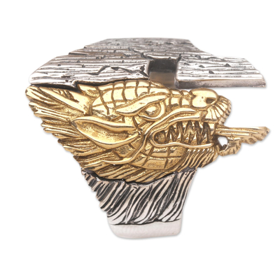 Men's sterling silver and brass ring, 'Glorious Brass Dragon' - Gleaming Dragon Sterling Silver and Brass Men's Ring