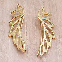 Gold-plated ear climber earrings, 'Climbing Leaves' - Gold-Plated Ear Climber Earrings with Leaf Motif