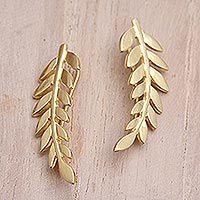 Gold-plated ear climber earrings, 'Golden Frond' - Gold-Plated Ear Climber Earrings with Frond Motif