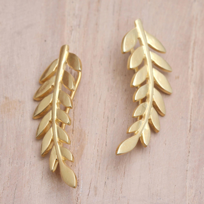 Gold-plated ear climber earrings, 'Golden Frond' - Gold-Plated Ear Climber Earrings with Frond Motif