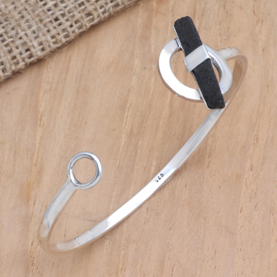 Lava stone cuff bracelet, 'Balanced Imbalance' - Unisex Lava Stone and Sterling Silver Bracelet from Bali