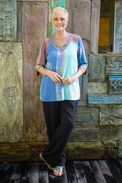 Rayon batik tunic, 'Lempuyang Temple' - Colorful Rayon Batik Tunic from Bali