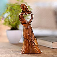 Wood statuette, 'Mother's Joy' - Mother and Child Suar Wood Statuette