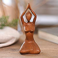 Wood statuette, 'Meditative Asana' - Suar Wood Statuette with Yoga Motif