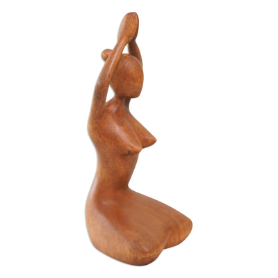 Wood statuette, 'Meditative Asana' - Suar Wood Statuette with Yoga Motif