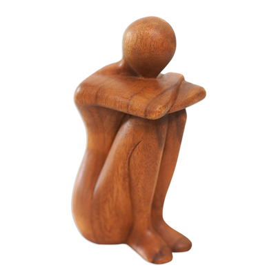 Wood statuette, 'Beautiful Daydream' - Hand Carved Suar Wood Statuette