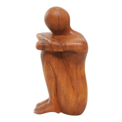 Wood statuette, 'Beautiful Daydream' - Hand Carved Suar Wood Statuette
