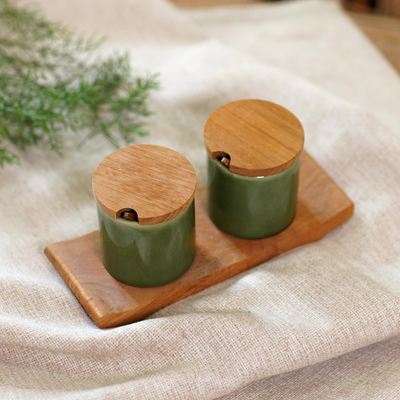 Ceramic and teak wood condiment set, 'Green Start' (5 pieces) - Green Ceramic and Teak Wood Condiment Set (5 Pieces)