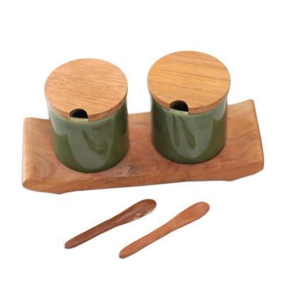 Set de condimentos de cerámica y madera de teca, (5 piezas) - Juego de Condimentos de Cerámica Verde y Madera de Teca (5 Piezas)