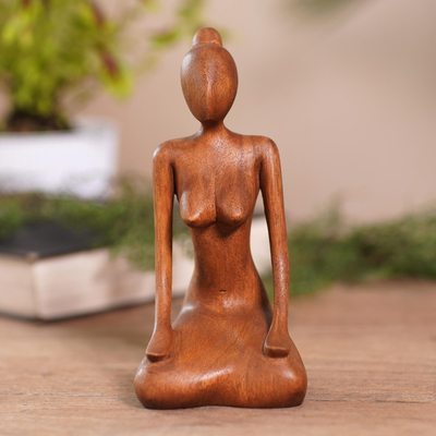 Wood statuette, 'Calm Down' - Suar Wood Statuette with Meditation Motif