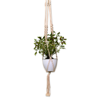 Hand-woven plant hanger, 'Lounging Plant' - Hand-Woven Cotton Plant Hanger from Bali