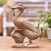 Wood sculpture, 'Mother Duck' - Mother and Child Hibiscus Wood Duck Sculpture