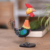 Wood statuette, 'Cool Chick' - Balinese Wood and Iron Chicken Statuette