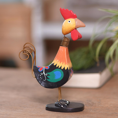 Wood statuette, 'Cool Chick' - Balinese Wood and Iron Chicken Statuette