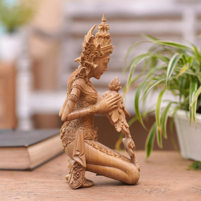 Wood sculpture, 'Dewi Sri' - Hibiscus Wood Indonesian Goddess Sculpture
