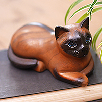 Wood sculpture, 'Calm Siamese Kitty' - Bali Hand Carved Wood Sculpture of a Relaxed Siamese Cat
