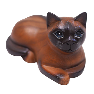 Wood sculpture, 'Calm Siamese Kitty' - Bali Hand Carved Wood Sculpture of a Relaxed Siamese Cat