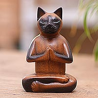 Wood sculpture, 'Balinese Cat Meditates'