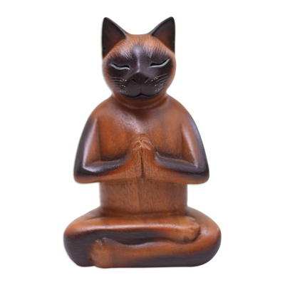 Wood sculpture, 'Balinese Cat Meditates' - Brown Raintree Wood Figure of a Cat in Lotus Position
