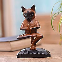 Wood sculpture, 'Vrkasana Cat' - Hand Carved Suar Wood Figure of a Cat in Yoga Position