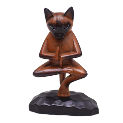 Wood sculpture, 'Vrkasana Cat' - Hand Carved Suar Wood Figure of a Cat in Yoga Position