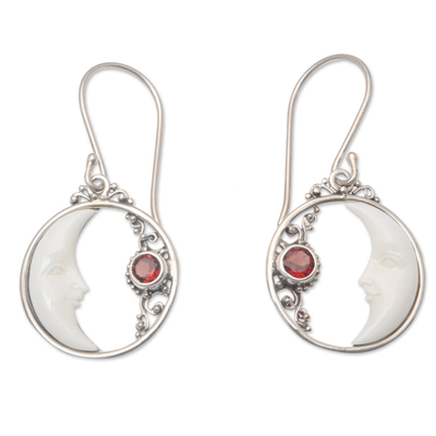 Garnet dangle earrings, 'One Moonlit Night' - Sterling Silver and Garnet Dangle Earrings