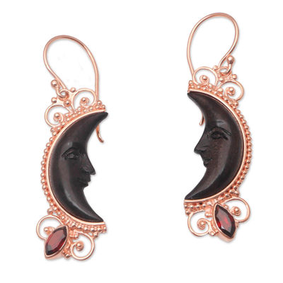 Rose gold-plated garnet dangle earrings, 'Moonlit Shadow' - Rose Gold-Plated Garnet Dangle Earrings