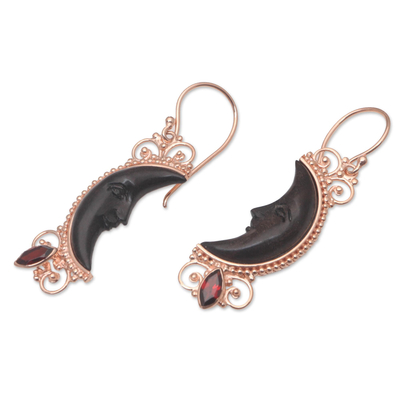 Rose gold-plated garnet dangle earrings, 'Moonlit Shadow' - Rose Gold-Plated Garnet Dangle Earrings