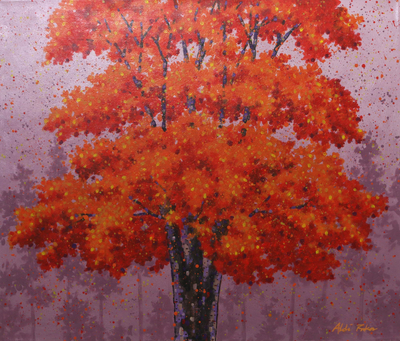 'Focus of Interest' - Acrylic Tree Painting on Canvas from Java