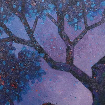 'Valor Old Tree' - Lila und blaues Acrylbaumgemälde