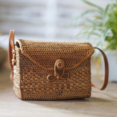 Hand-woven bamboo sling bag, 'Here to Stay' - Hand-Woven Bamboo Sling Bag with Batik Lining