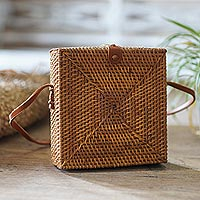 Batik bamboo sling bag, 'Lucky Lady' - Woven Bamboo Sling Bag with Faux Leather Accent