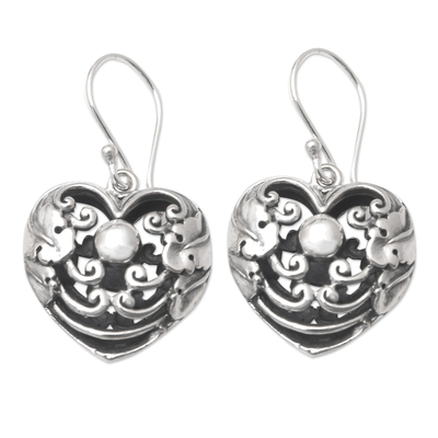 Sterling silver dangle earrings, 'Cage of Love' - Sterling Silver Dangle Earrings with Heart Motif