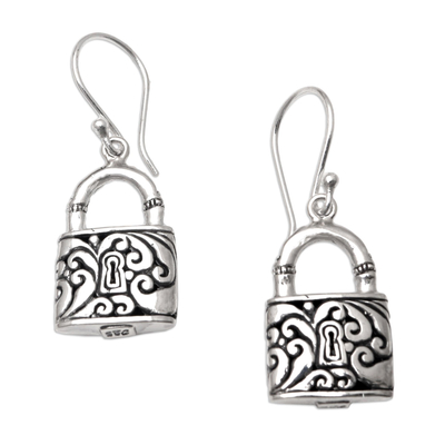 Sterling silver dangle earrings, 'Locked Up Tight' - Sterling Silver Dangle Earrings with Lock Motif
