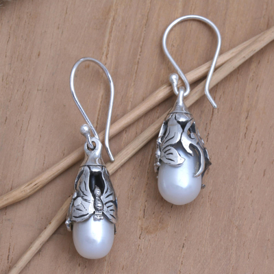 Cultured pearl dangle earrings, 'Butterfly Treasure' - Cultured Freshwater Pearl Dangle Earrings from Bali