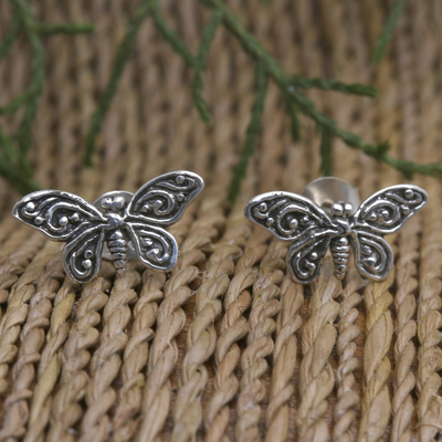 Sterling silver button earrings, 'Butterfly Memories' - Sterling Silver Butterfly Button Earrings