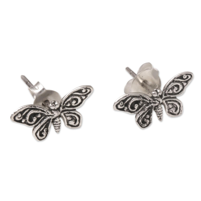 Sterling silver button earrings, 'Butterfly Memories' - Sterling Silver Butterfly Button Earrings